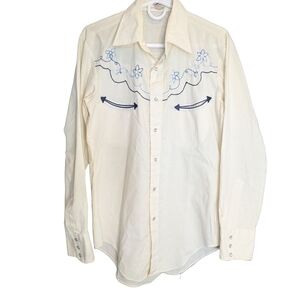 Miller Vintage Shirt Men 15-34 Pearl Snap-up Western Cream Blue Embroidery